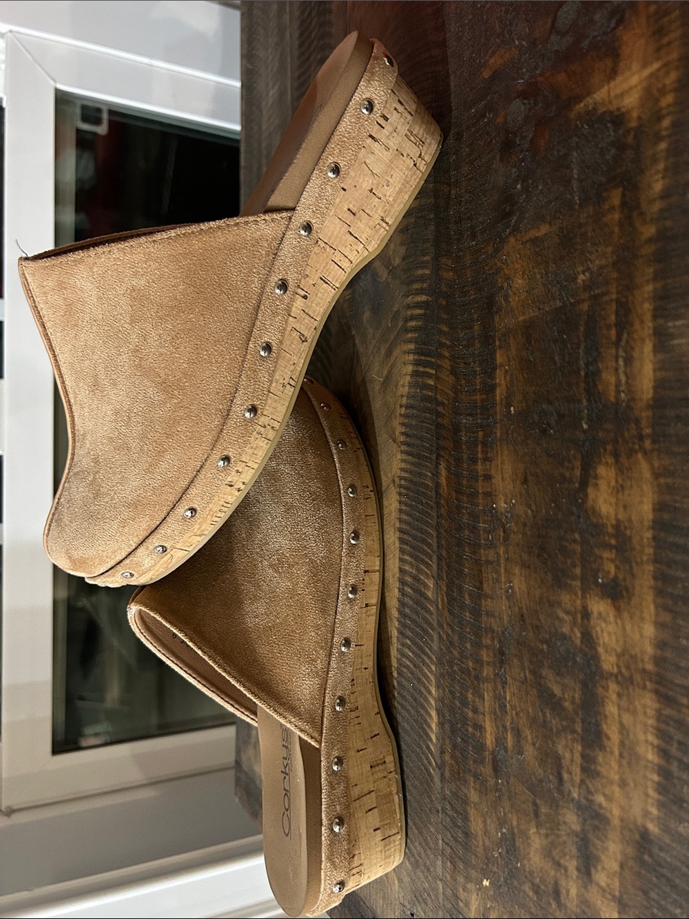 Corkys Newbie Woman’s studded Tan Suede mules / great shoes/ gently worn size 9